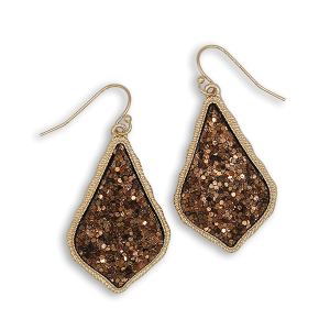 Glitter Accent Druzy Stone Teardrop Brown Gold Earrings