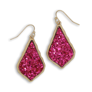 Glitter Accent Druzy Stone Teardrop Fuchsia Gold Earrings