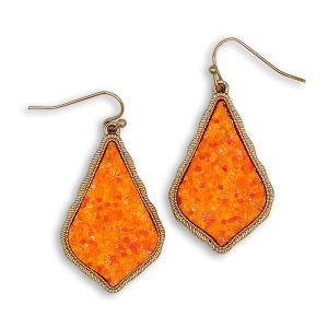 Glitter Accent Druzy Stone Teardrop Neon Orange Gold Earrings
