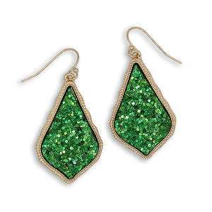 Glitter Accent Druzy Stone Teardrop Green Gold Earrings