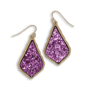 Glitter Accent Druzy Stone Teardrop Light Purple Gold Earrings