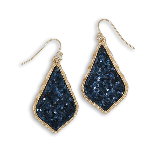 Glitter Accent Druzy Stone Teardrop Navy Gold Earrings