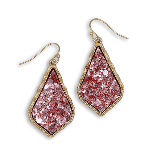 Glitter Accent Druzy Stone Teardrop Pink Gold Earrings