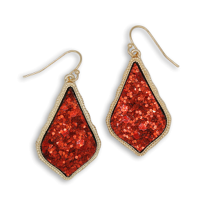Glitter Accent Druzy Stone Teardrop Red Gold Earrings