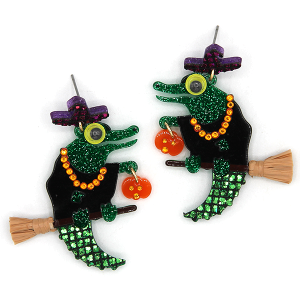 Halloween Glitter Acrylic Witch Crocodile Green Earrings