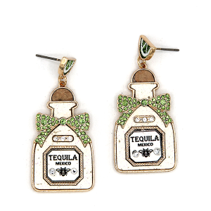 Glitter Rhinestone Tequila Bottle Drop Green Earrings