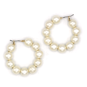 Clip On Pearl Bead Hoop White Gold Earrings