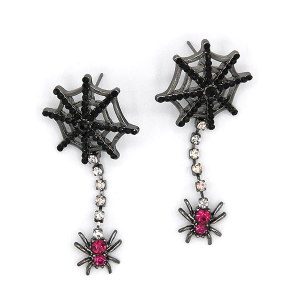 Spider Web Rhinestone Enamel Halloween Dangle Black Earrings