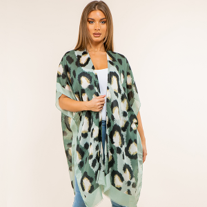 Leopard Print Border Green Kimono