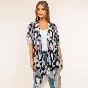 Leopard Print Border Gray Kimono