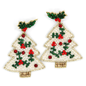 Christmas Tree Mistletoe Seed Bead White Earrings