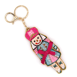 Nutcracker Seed Bead Puffy Keychain Bag Charm Pink