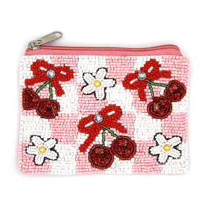 Plaid Flower Cherries Seed Bead Coin Purse Pink