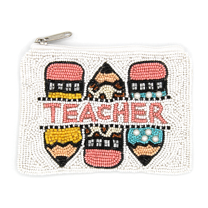 Teacher Pencil Seed Bead Coin Purse White