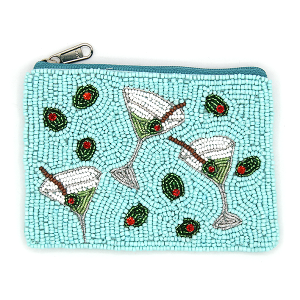 Martini Olives Seed Bead Coin Purse Light Blue