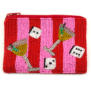 Striped Casino Cocktail Seed Bead Coin Purse Red Pink