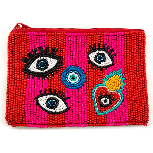 Evil Eyes Stripe Seed Bead Coin Purse Fuchsia