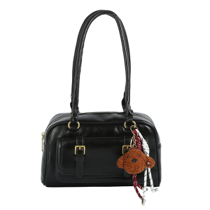 Front Buckle Pocket Boston Bag Satchel Charm Black