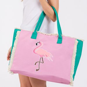 Embroidered Flamingo Patch Fringe Tote Bag
