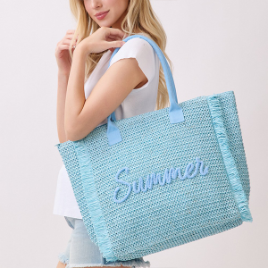 Woven Straw Summer Embroidered Fringe Tote Blue