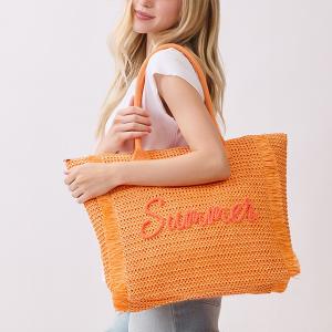 Woven Straw Summer Embroidered Fringe Tote Orange
