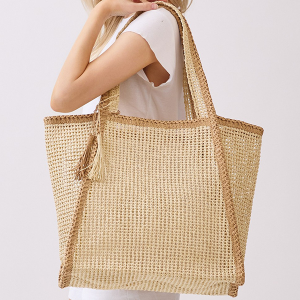Two Tone Woven Straw Tassel Tote Beige