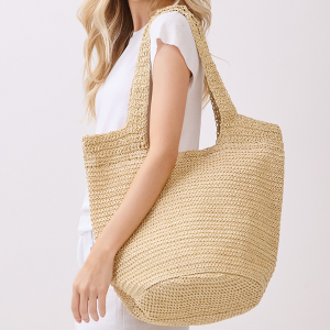Round Bottom Woven Straw Tote Bag Beige