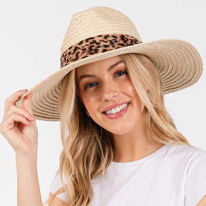 Leopard Band Straw Beige Sun Hat