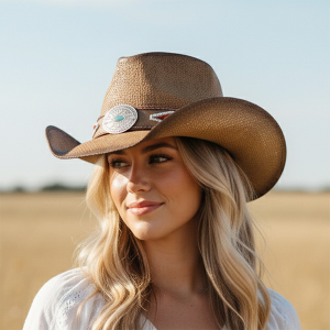 Vintage Western Beaded Band Concho Taupe Straw Hat 