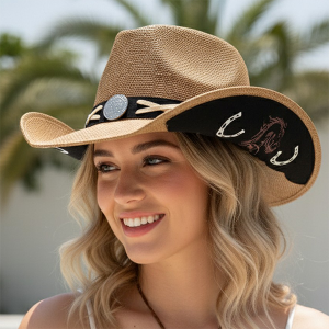 Western Horseshoe Print Concho Taupe Straw Hat