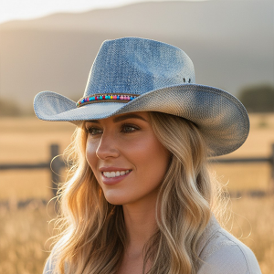 Rustic Western Heishi Bead Rhinestone Band Blue Straw Hat