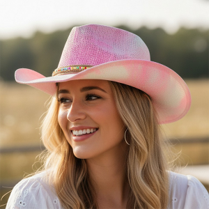 Rustic Western Heishi Bead Rhinestone Band Pink Straw Hat