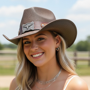 Vintage Longhorn Steer Concho Brown Straw Hat