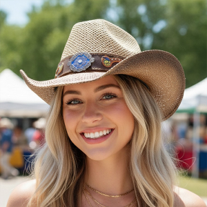 Boho Two Tone Floral Concho Beige Straw Hat