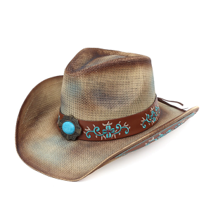 Western Washed Straw Cowboy Hat Turquoise Concho Beige