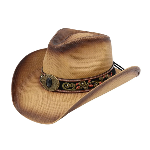 Western Distressed Straw Cowboy Hat Orate Leather Band Taupe