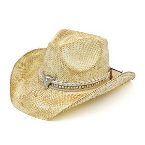 Western Vintage Cowboy Hat Multi Band Bull Head Beige
