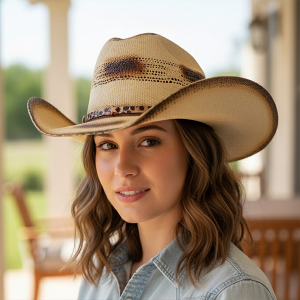 Distressed Two Tone Leopard Band Stars Beige Cowboy Hat