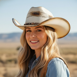 Distressed Two Tone Leopard Band Stars Ivory Cowboy Hat