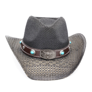 Western Straw Cowboy Hat Turquoise Stone Bull Concho Black