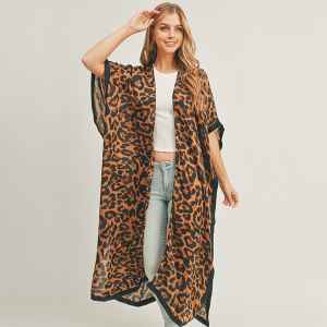 Leopard Pattern Long Kimono Brown