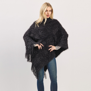 Lightweight Fuzzy Sequin Poncho With Fringe Black