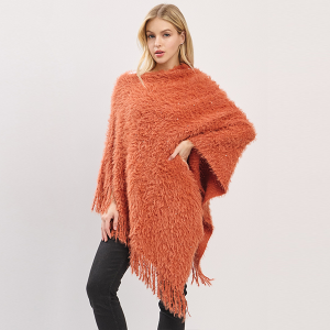Lightweight Fuzzy Sequin Poncho With Fringe Rust
