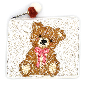Teddy Bear Pink Ribbon Seed Bead Coin Purse