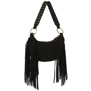 Fringed Hobo Bag Braided Shoulder Strap Black Handbag