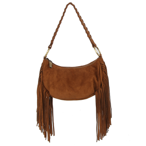 Fringed Hobo Bag Braided Shoulder Strap Brown Handbag