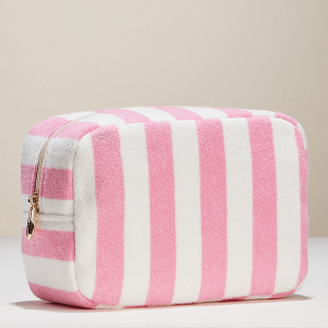 Stripe Pattern Terry Cloth Pink Cosmetic Pouch