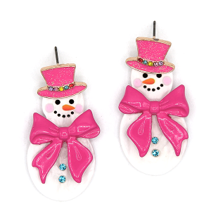 Snowman Color Coated Bow Acetate Hot Pink Earrings