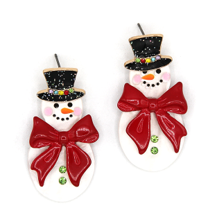 Snowman Color Coated Bow Acetate Red Earrings