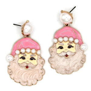 Santa Claus Pearl Enamel Christmas Pink Earrings